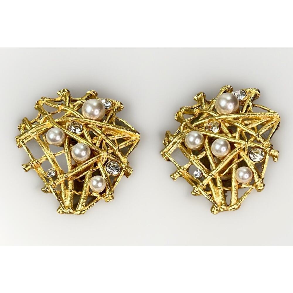Vintage CRAFT High End Designer Crystal & Faux Pearl Big Clip on Earrings 47.2g
